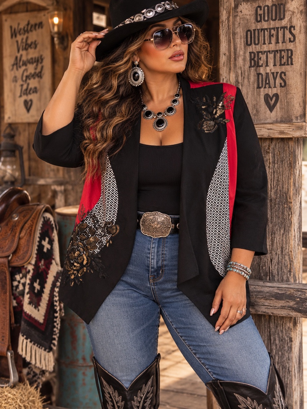 Chicos Women's Black & Red Sequins Embroidered Color Block Open Front Jacket
